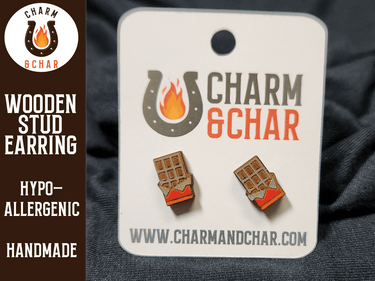 Chocolate Bar Wood Stud Earrings - Candy Fashion Earring - Stud Earring - Charm and Char